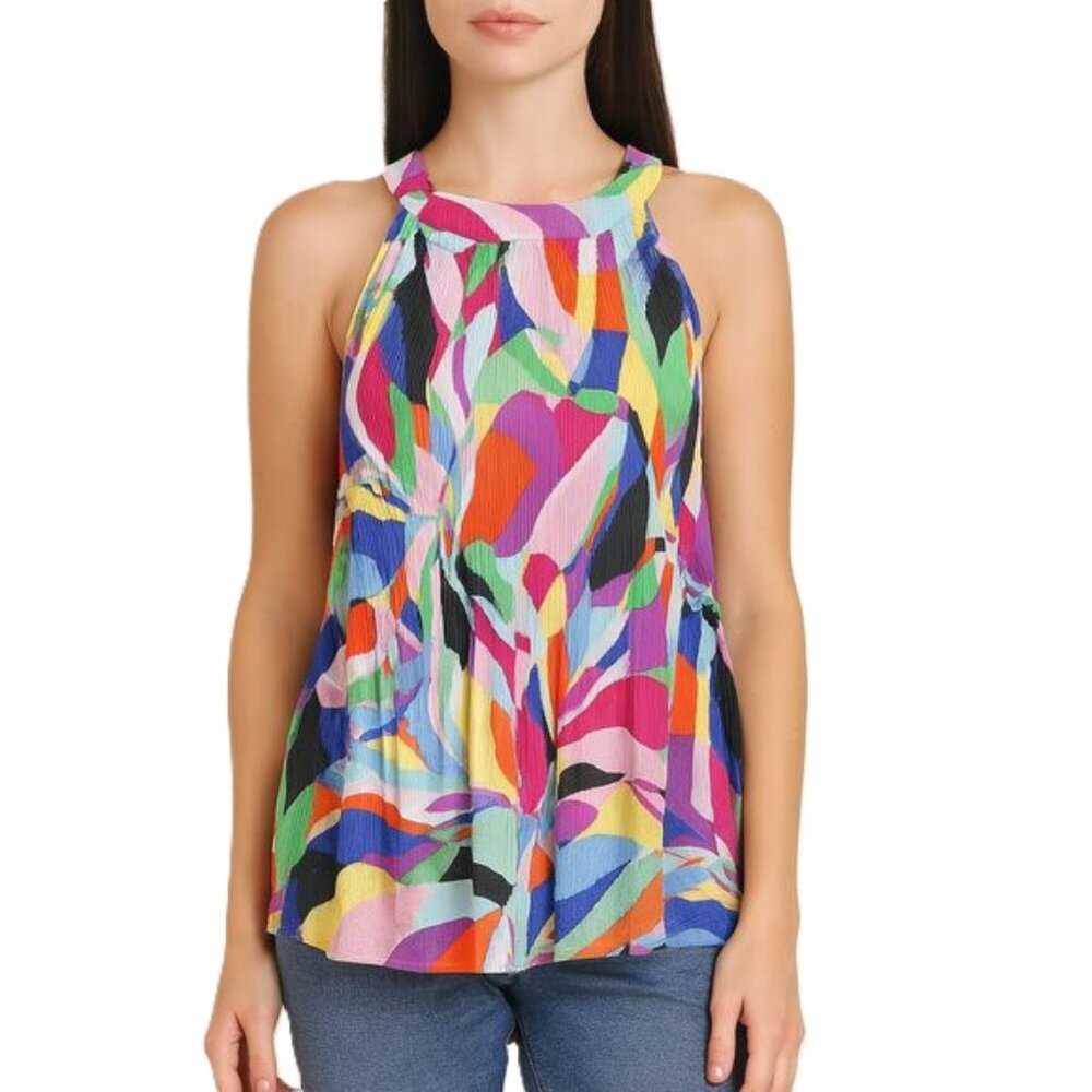 Ninety Clothing Sleeveless Pleated Tie Back Blouse Multi-Color Small